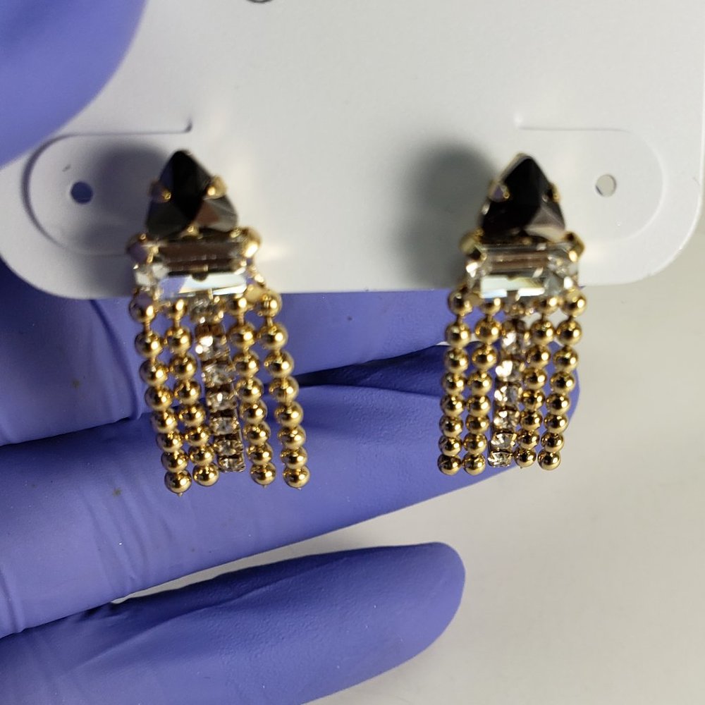 Charming Charlie Polished Gold-tone and Crystal Beaded Fringe Teardrop Earrings - Picture 4 of 9